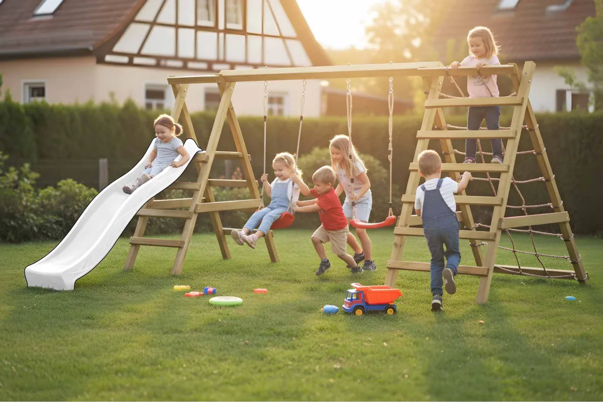 Gartenpirat Doppelschaukel Jana mit Kletternetz Sprossenleiter und Rutsche