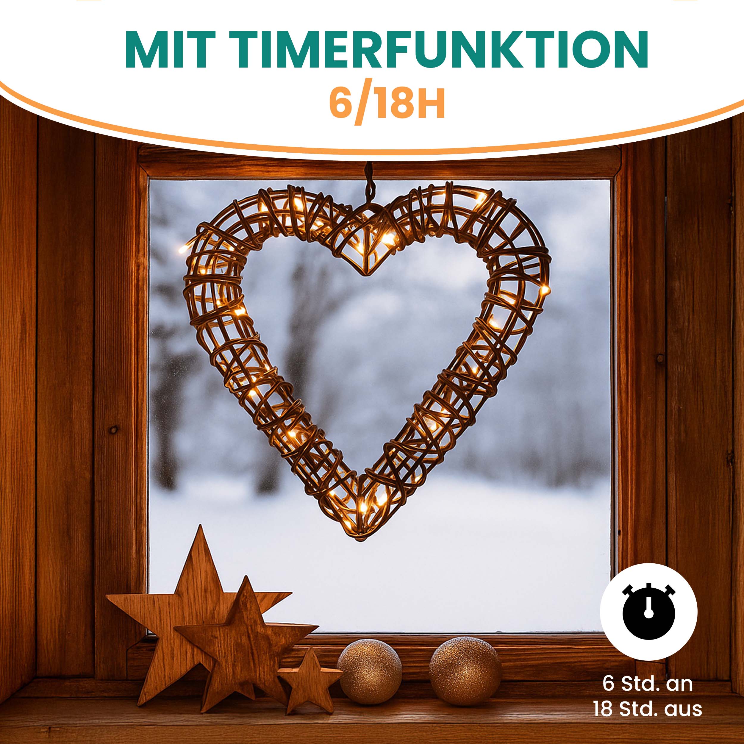 LED Herz Rattan-Optik warmweiß batteriebetrieben mit Timer