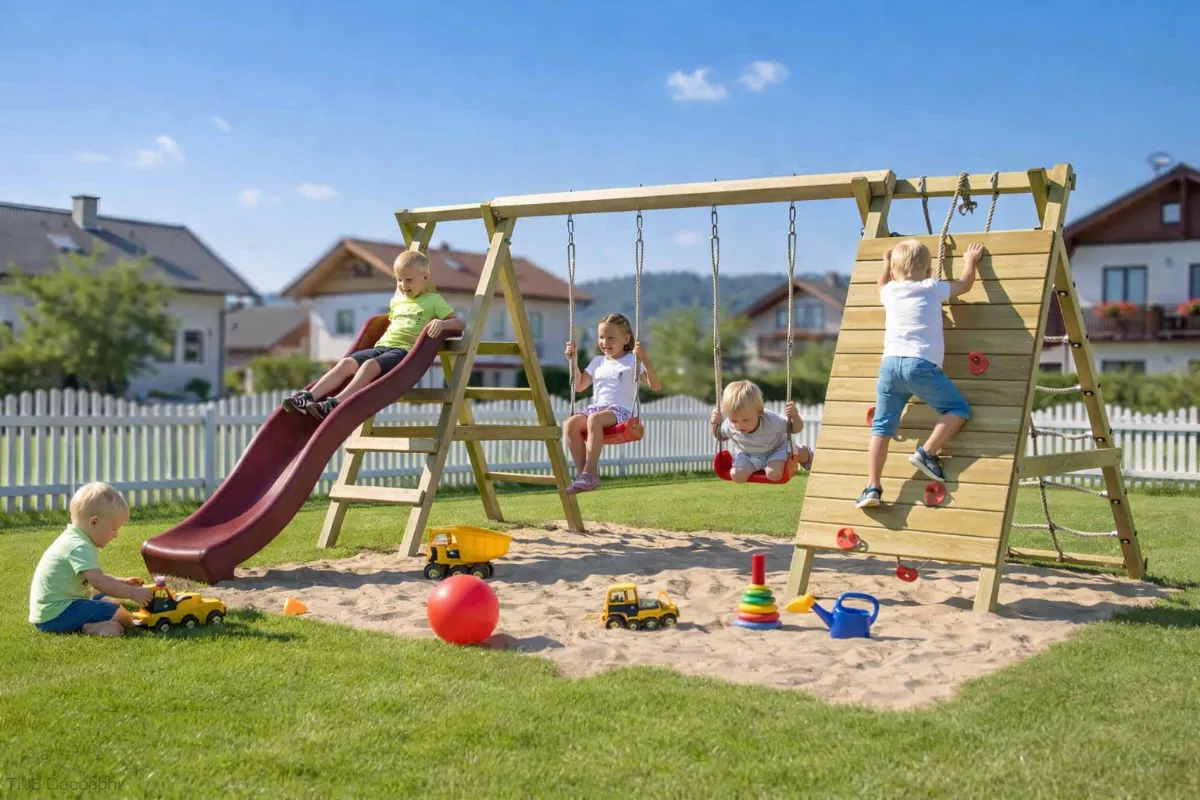 Gartenpirat Doppelschaukel Sarah mit Kletternetz Kletterwand und brauner Rutsche