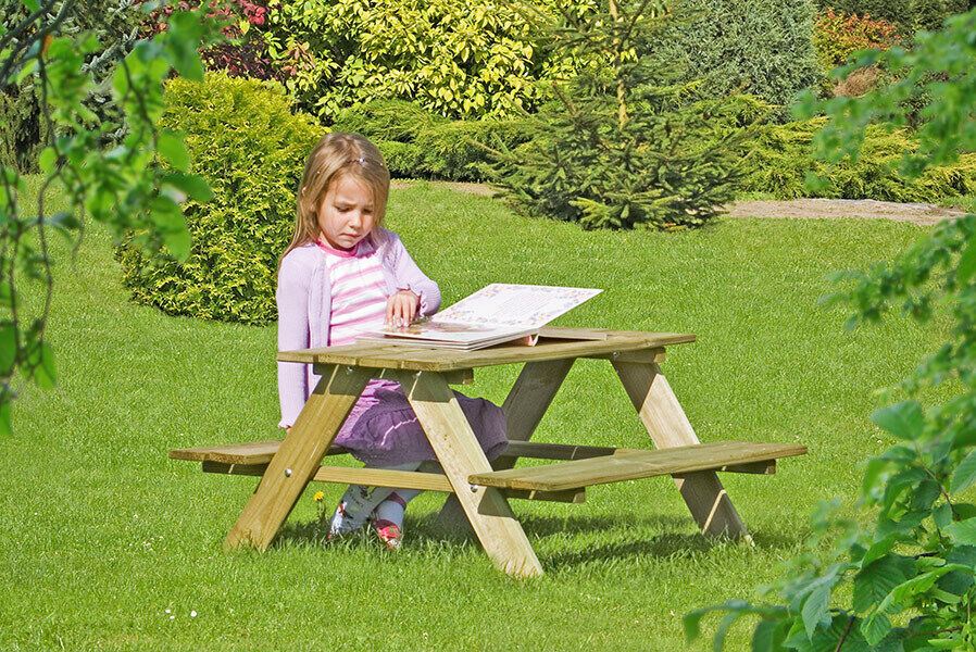 Kindertisch aus Holz imprägniert Kindersitzgruppe Tisch und Bank für Spielhaus