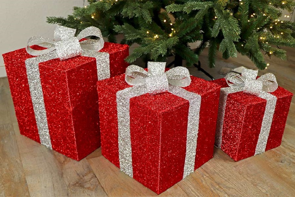 bbrXEZRIgDu2y9d Geschenkboxen Deko-Set mit 3 Geschenkpäckchen 72 LED mit Schleife