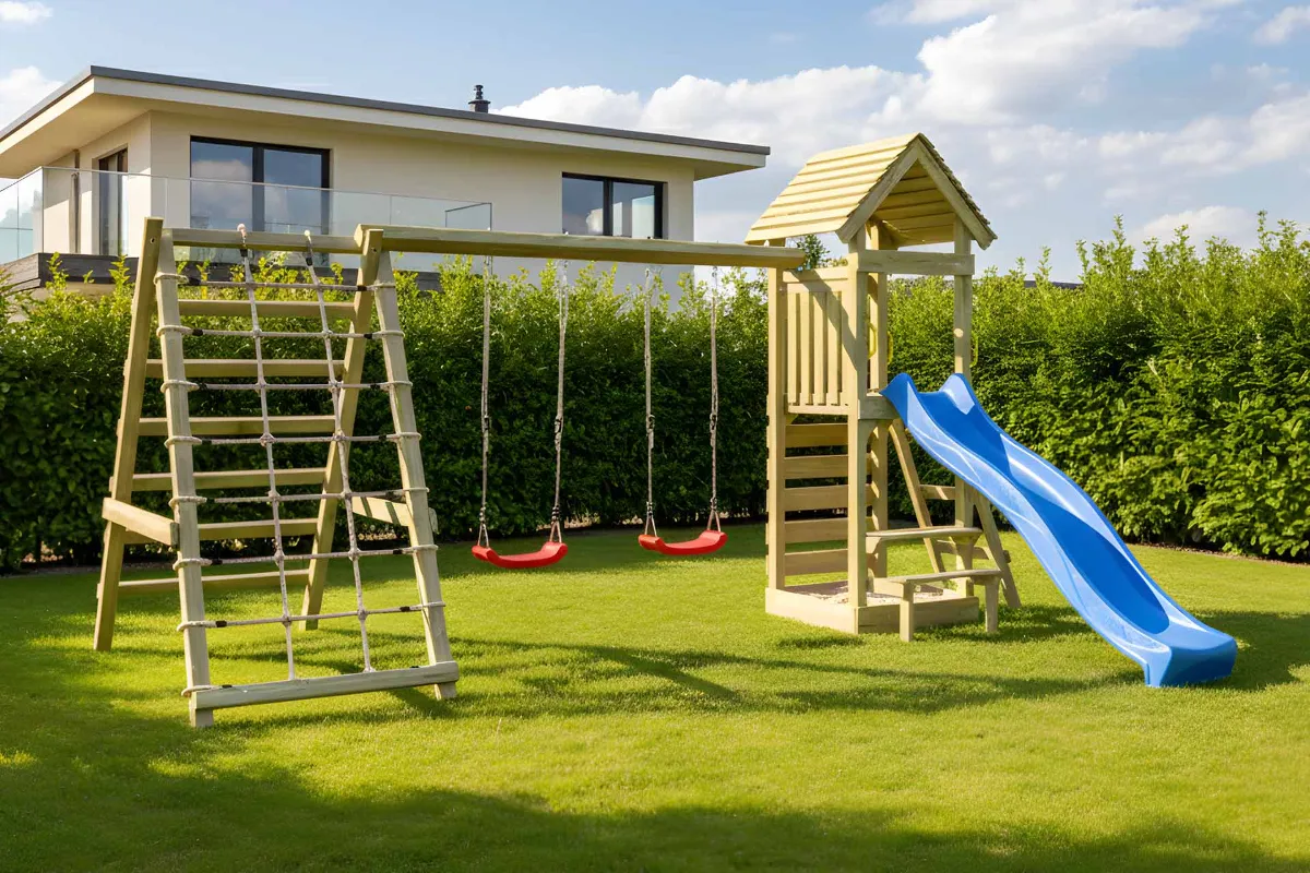 Spielturm Thomas Max mit Doppelschaukel Kletterwand und Kletternetz