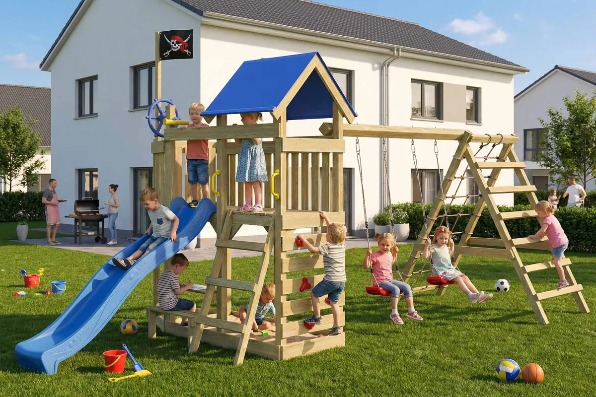Spielturm Georg Max mit Kletternetz Kletterwand und Doppelschaukel