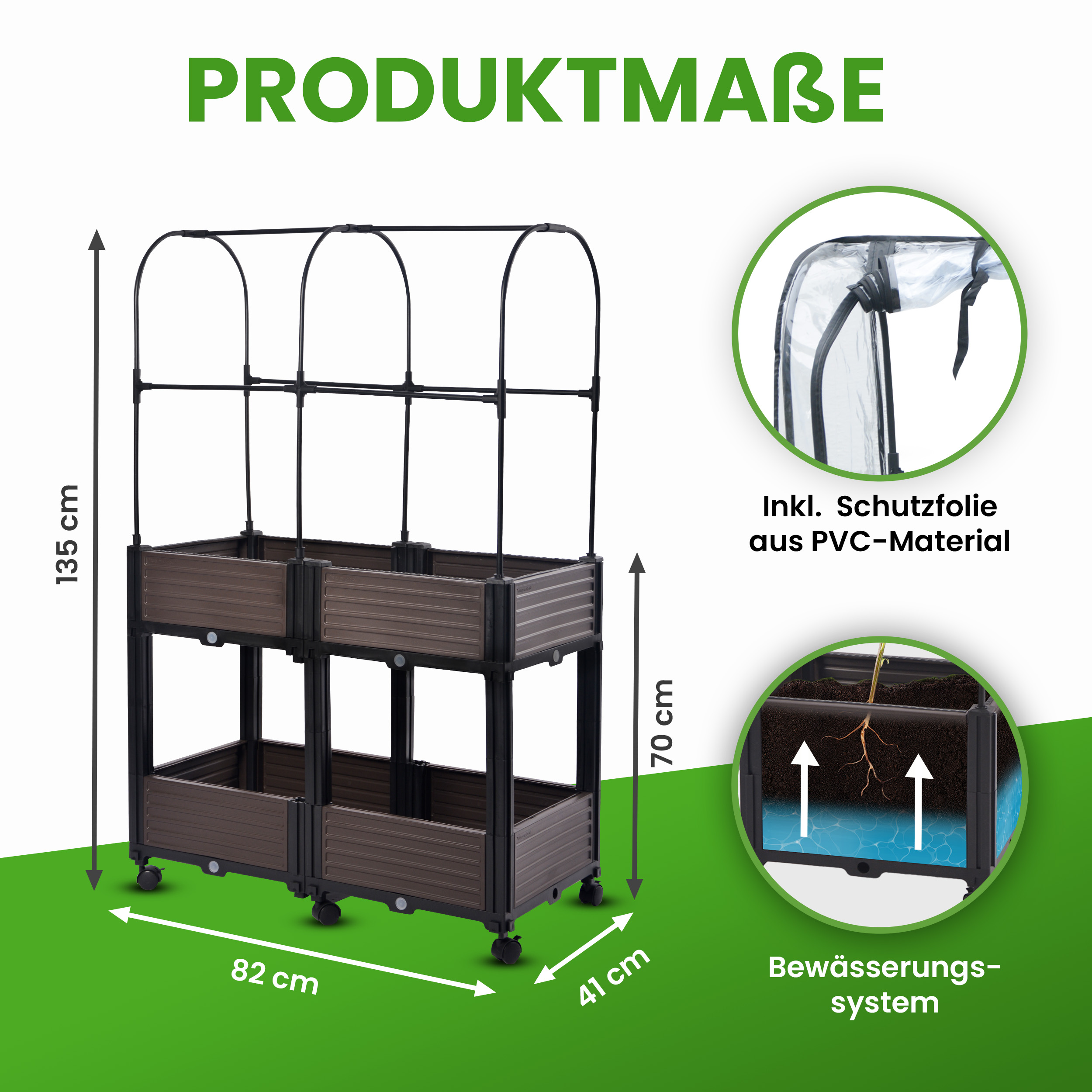 Hochbeet mit Frühbeet 2 Ebenen 82x41xH135 cm Foliengewächshaus auf Rädern