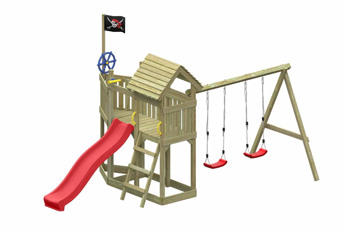 Spielturm Mia Fun mit Doppelschaukel und roter Rutsche