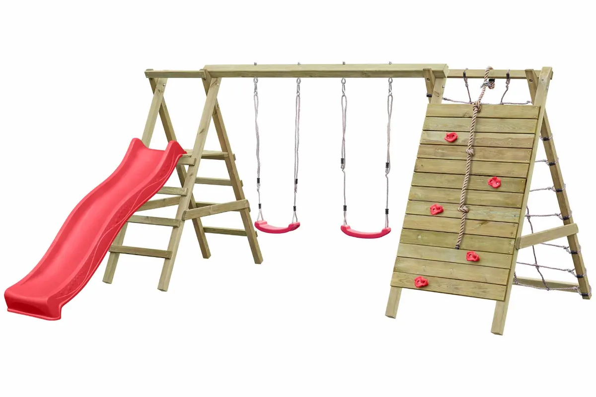Doppelschaukel Sarah mit Kletternetz Kletterwand und roter Rutsche