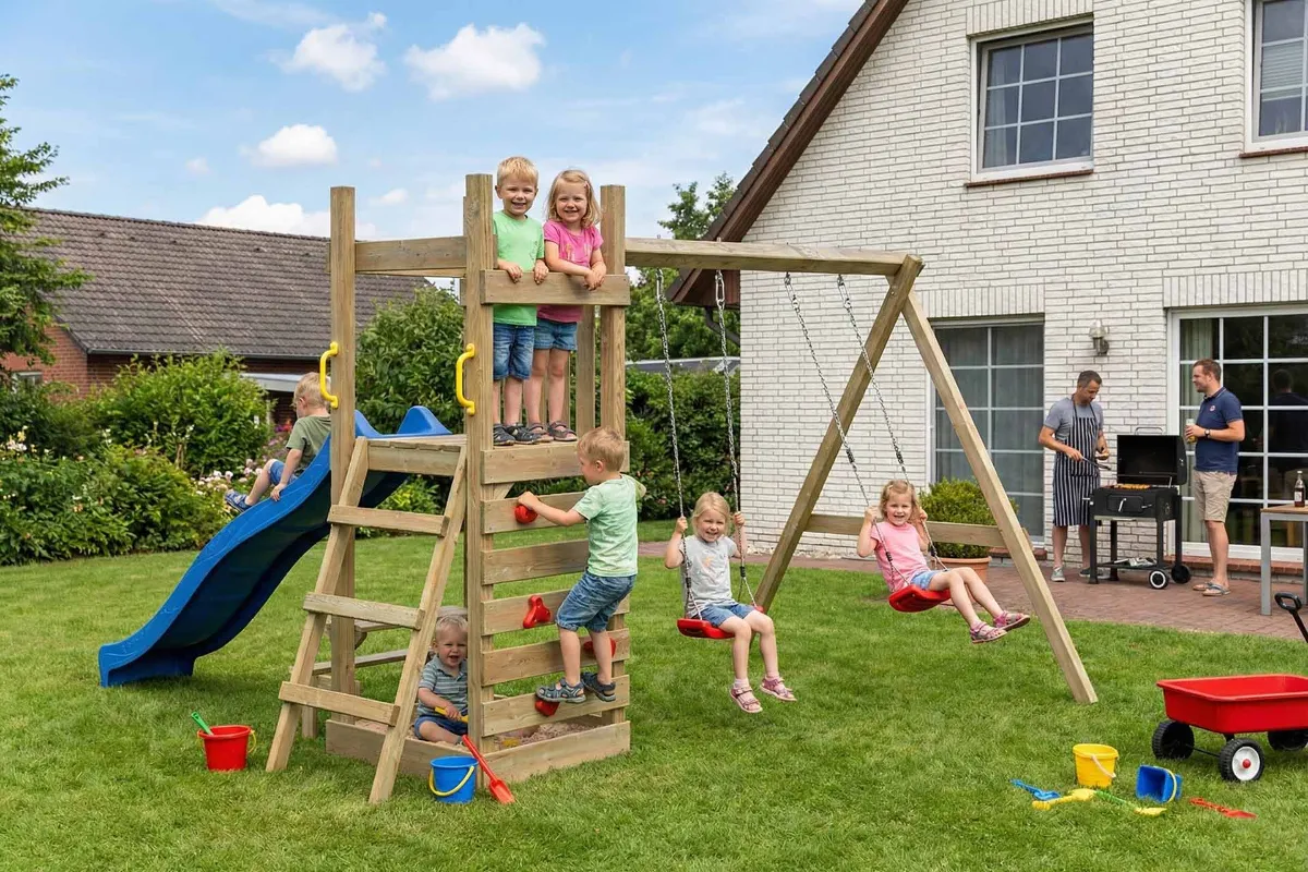 Spielturm Lilly Abenteuer mit Doppelschaukel und Kletterwand