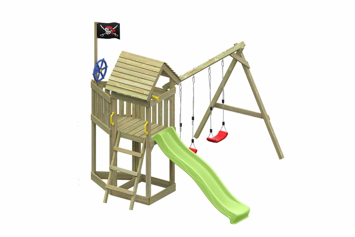 Spielturm Lina Fun mit apfelgrüner Rutsche und Doppelschaukel