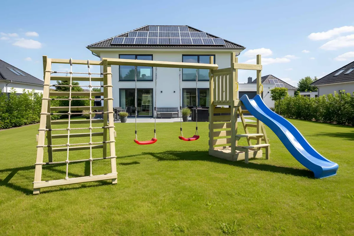 Spielturm Lilly Max mit Doppelschaukel Kletterwand und Kletternetz