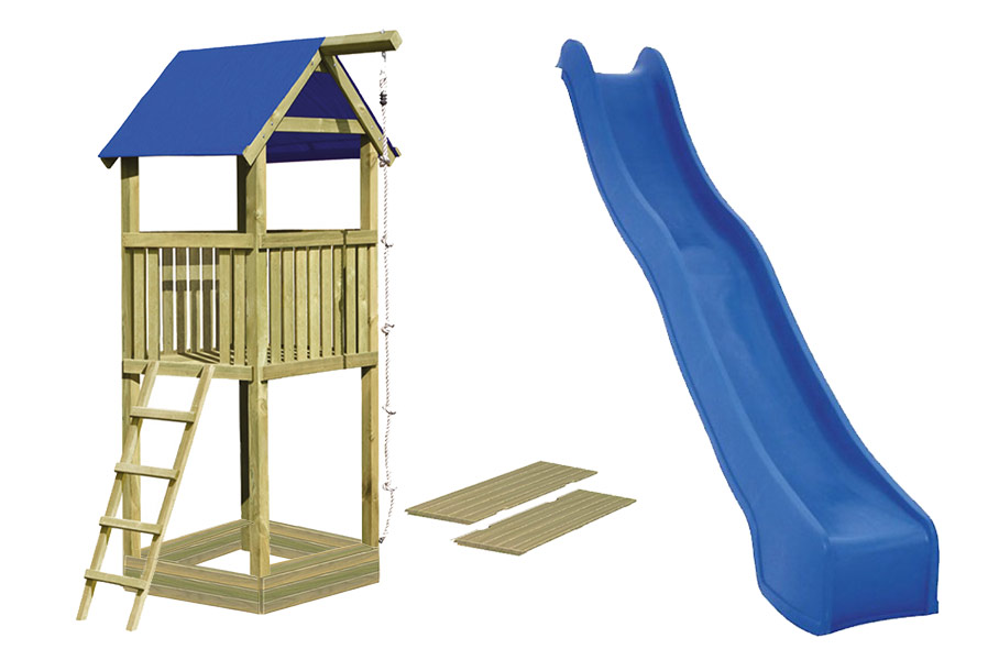 Spielturm Alto mit blauer Rutsche, Sandkasten und Deckel 118x118x350 cm 9x9cm Spielturm Alto mit blauer Rutsche, Sandkasten und Deckel 118x118x350 cm 9x9cm