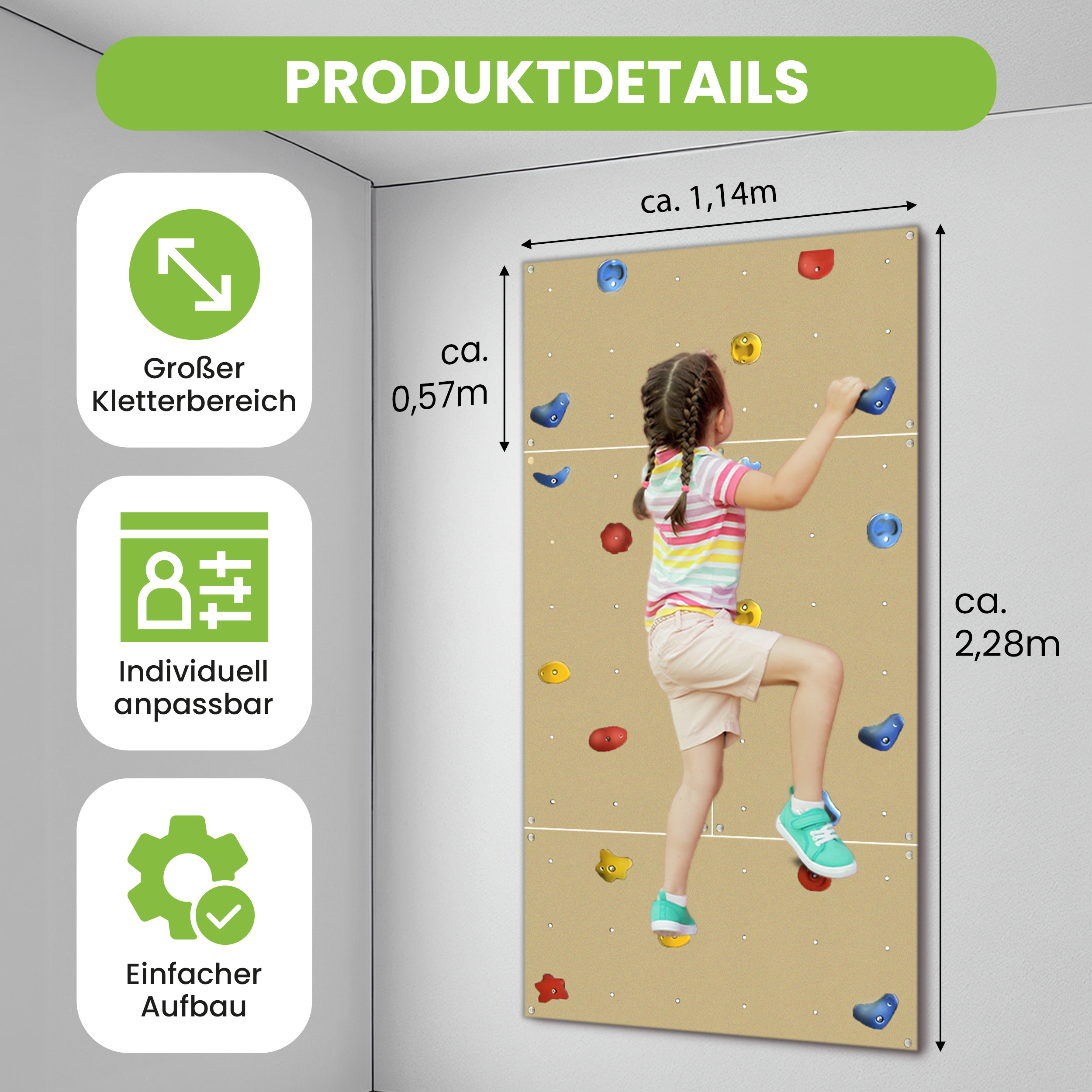 Kletterwand Indoor mit bunten Klettersteinen und Montagematerial für Kinder und Erwachsene