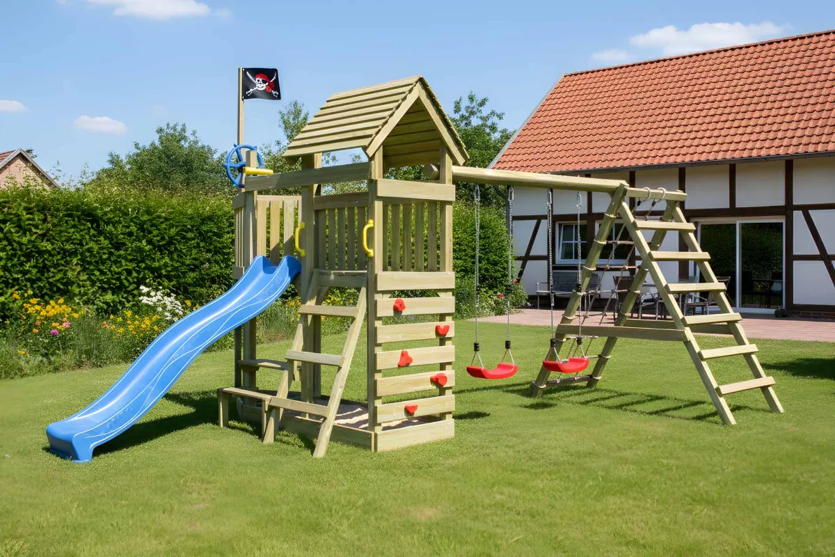 Spielturm Mia Abenteuer mit blauer Rutsche Doppelschaukel und Kletterwand