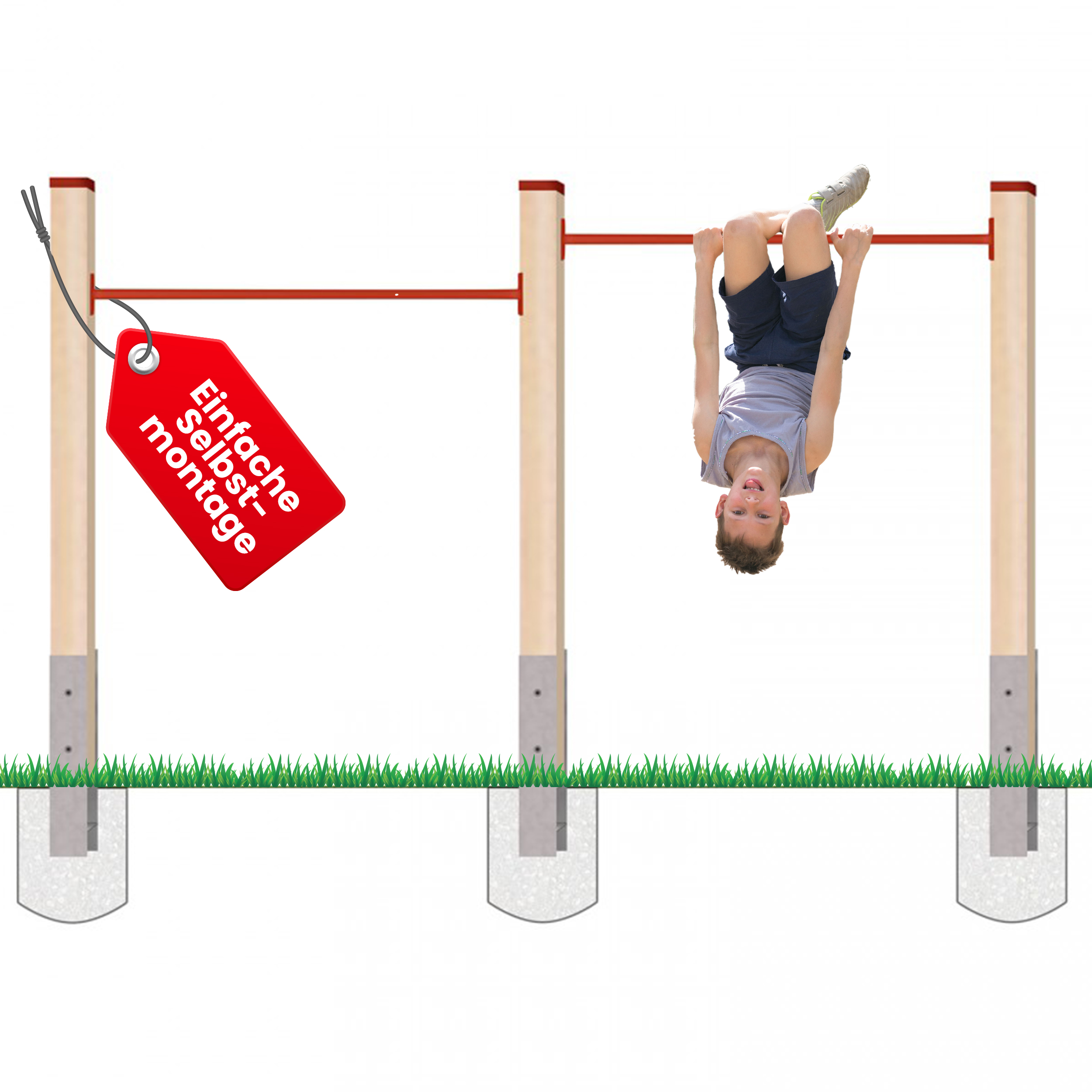 Turnreck aus Kantholz Kiefer imprägniert mit Reckstange rot und  H-Anker