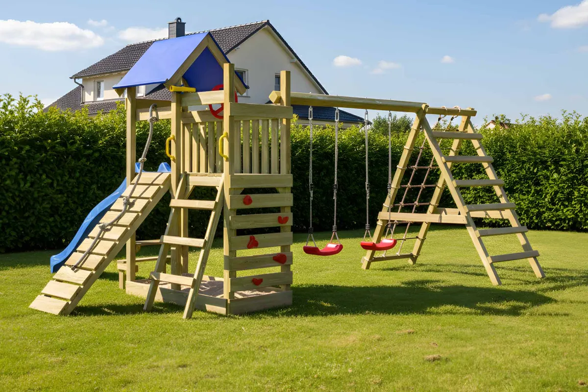 Spielturm Susi Abenteuer mit roter Rutsche Kletterrampe Kletterwand und Doppelschaukel