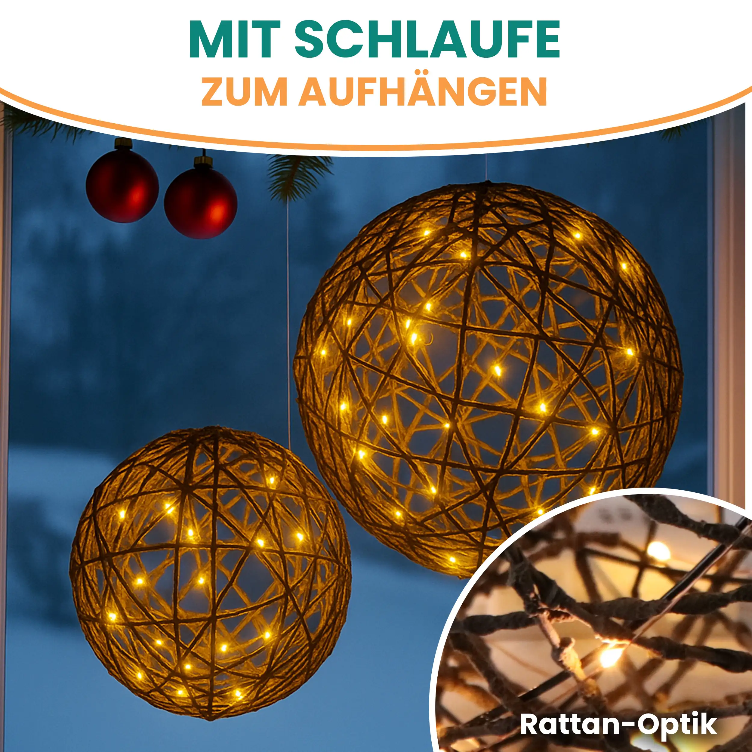 Batterie-Rattankugel aus Kunststoff mit warmweißen LED und Timer-Funktion
