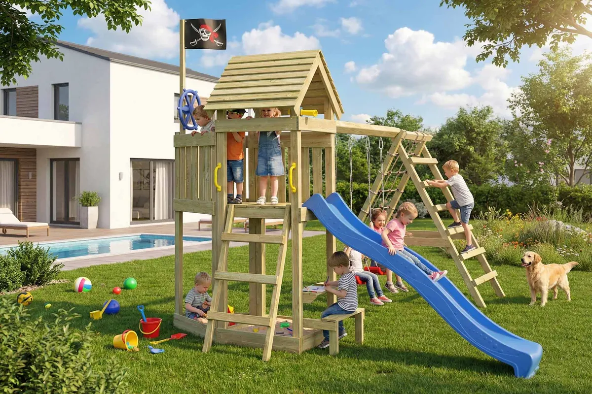 Spielturm Lina Max mit Doppelschaukel Tisch und Kletterbereich