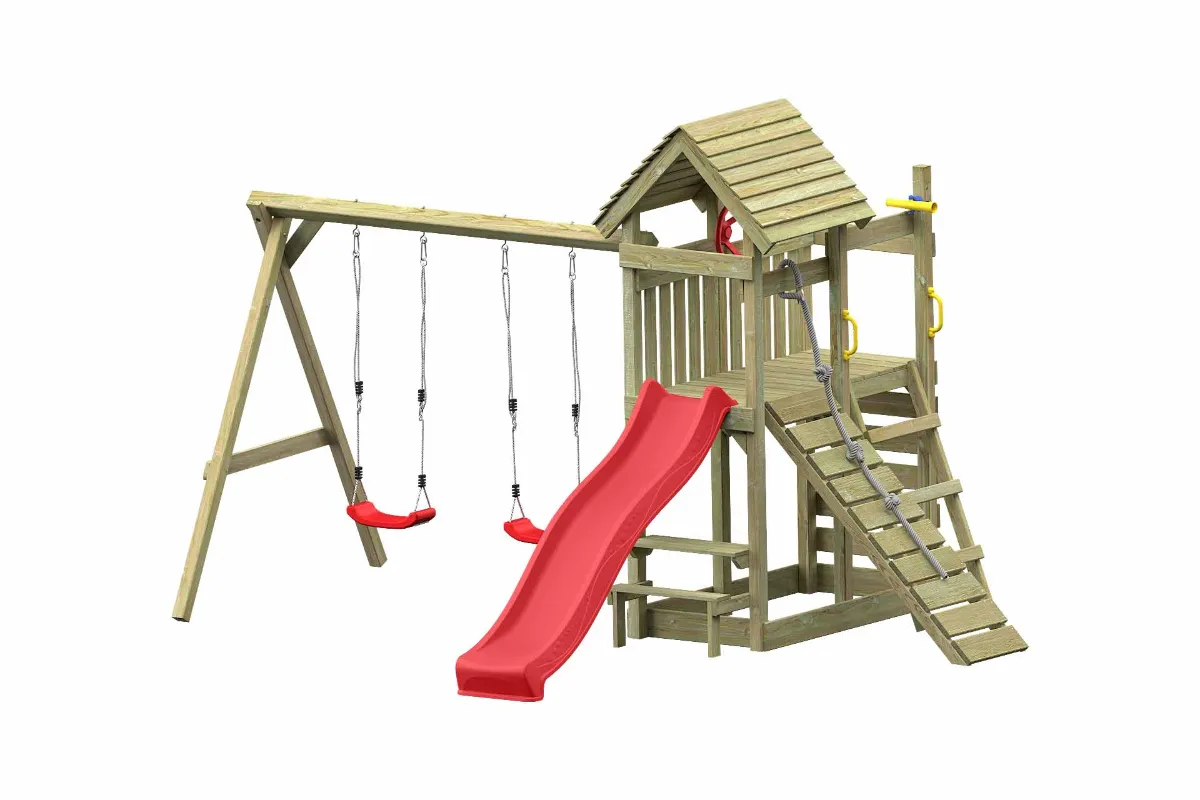 Spielturm Cris Abenteuer mit roter Rutsche Kletterrampe Kletterwand und Doppelschaukel