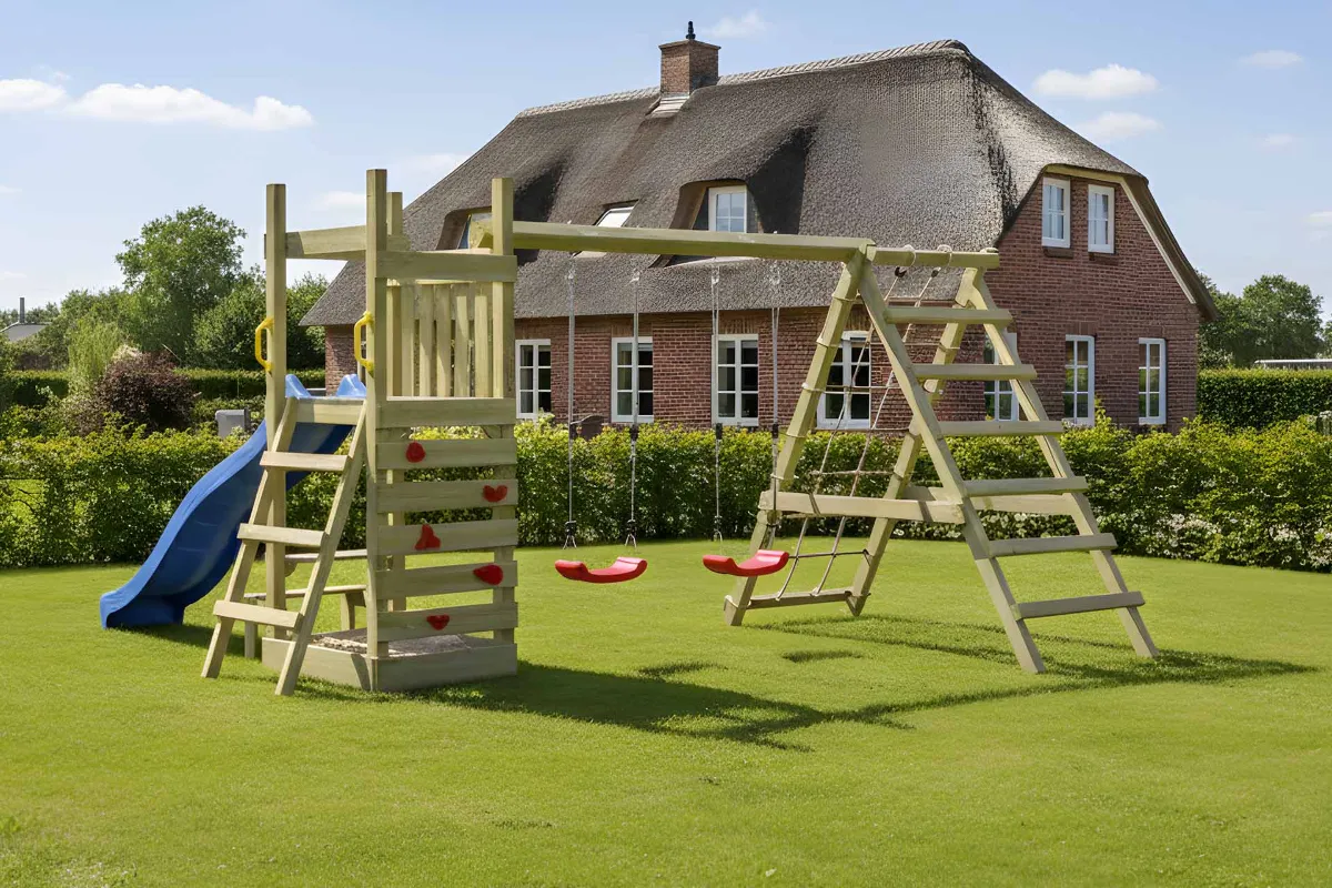 Spielturm Lilly Max mit Doppelschaukel Kletterwand und Kletternetz