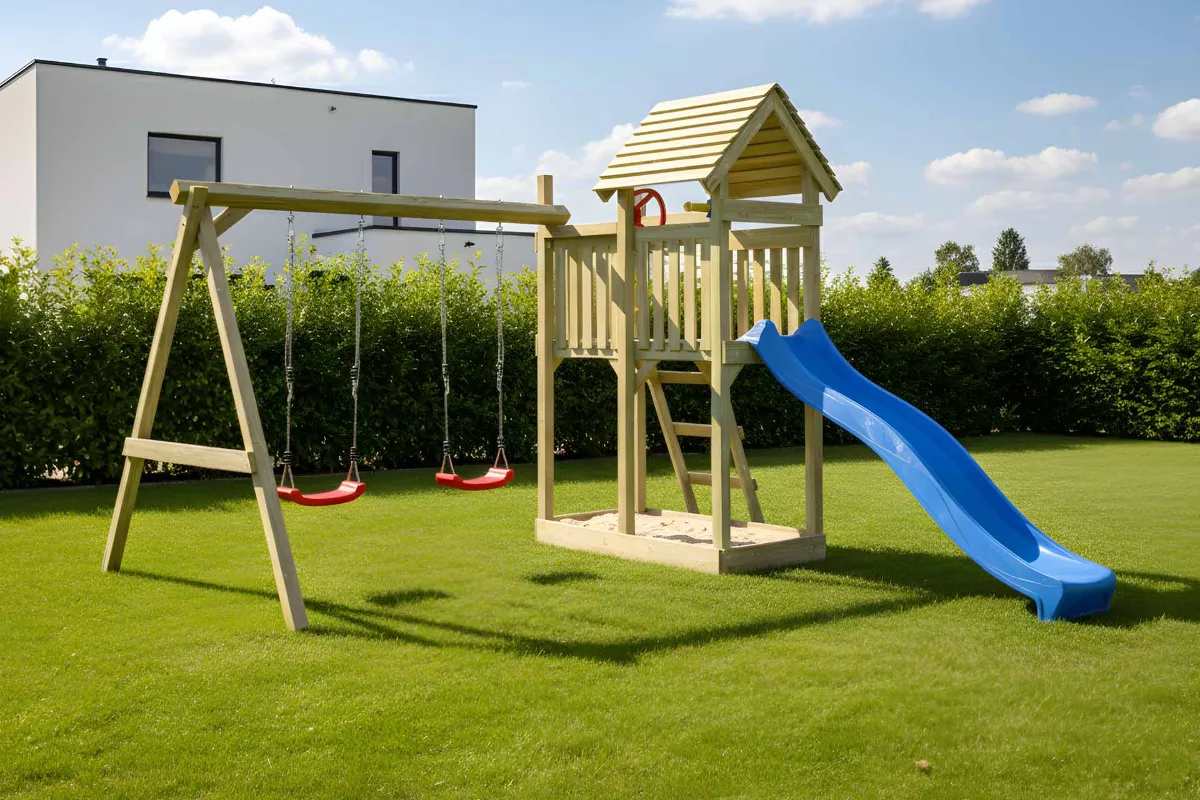 Spielturm Andrea Fun mit Doppelschaukel und Leiter