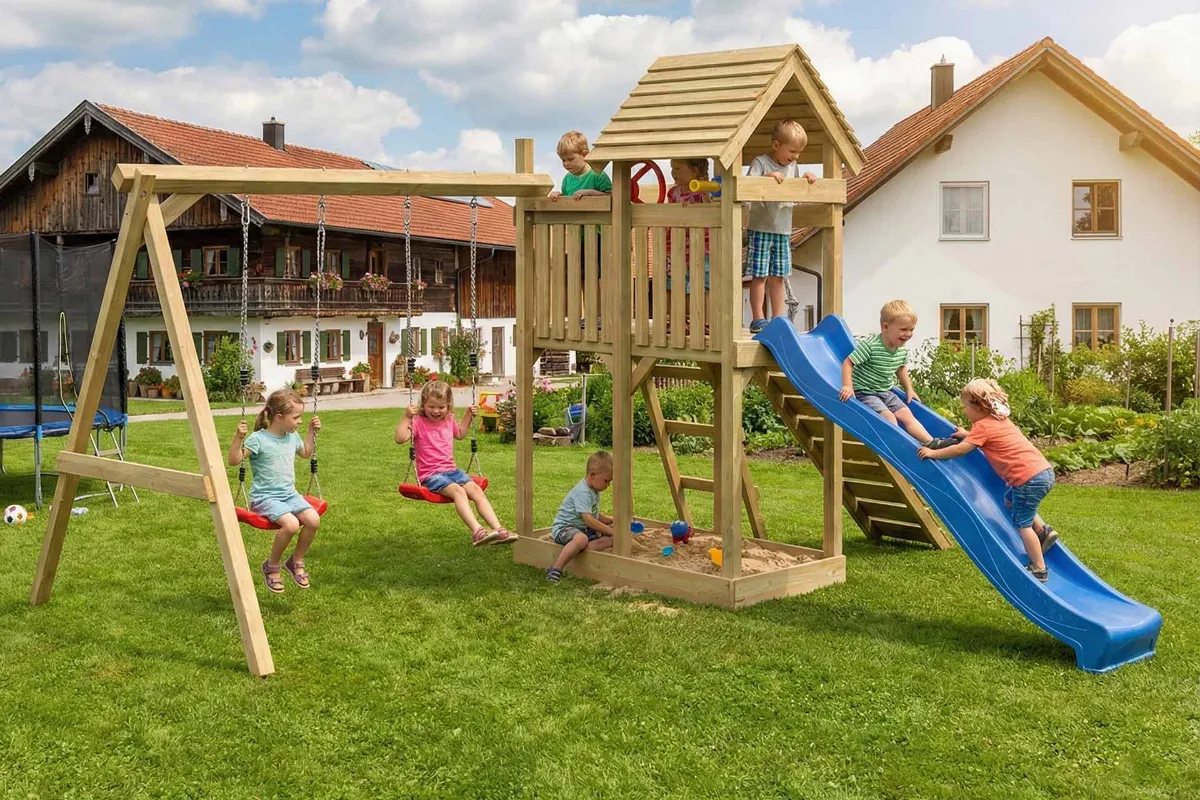 Spielturm Cris Fun mit Kletterrampe und Doppelschaukel