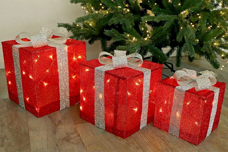 bbbb Geschenkboxen Deko-Set mit 3 Geschenkpäckchen 72 LED mit Schleife