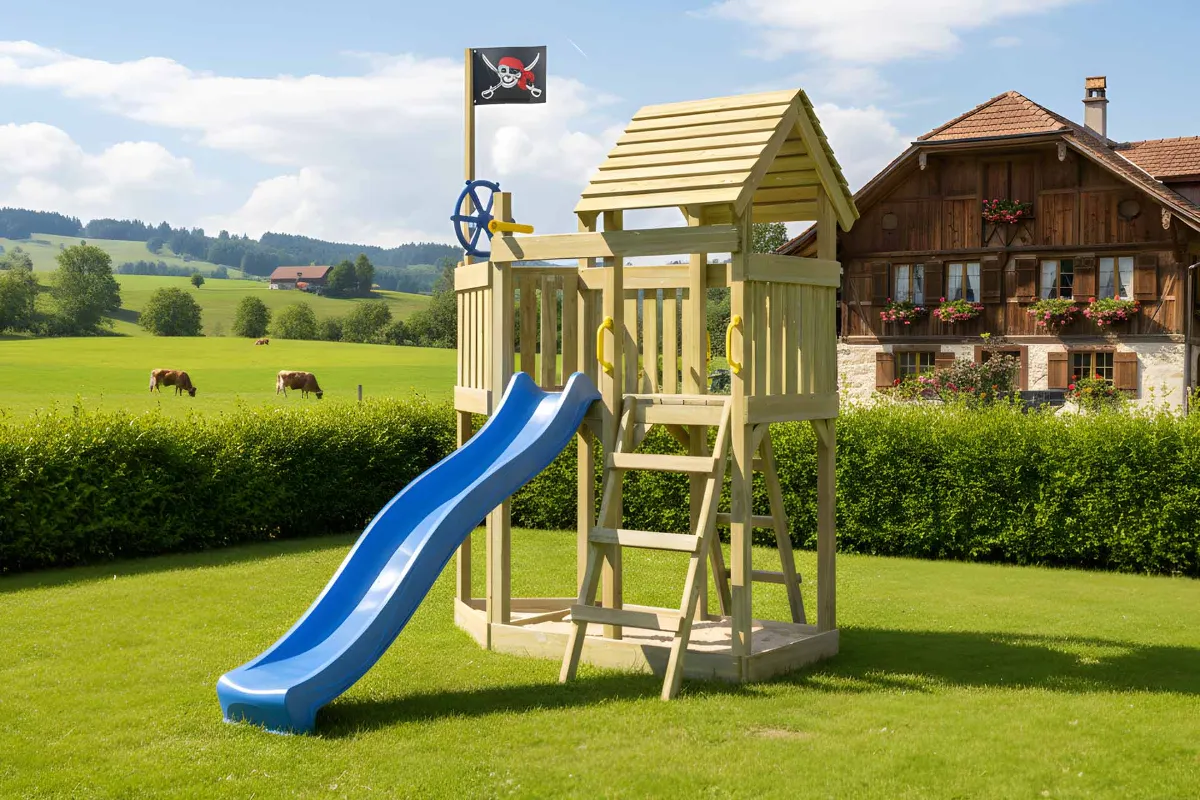 Spielturm Mia Aktiv mit blauer Rutsche und Leiter