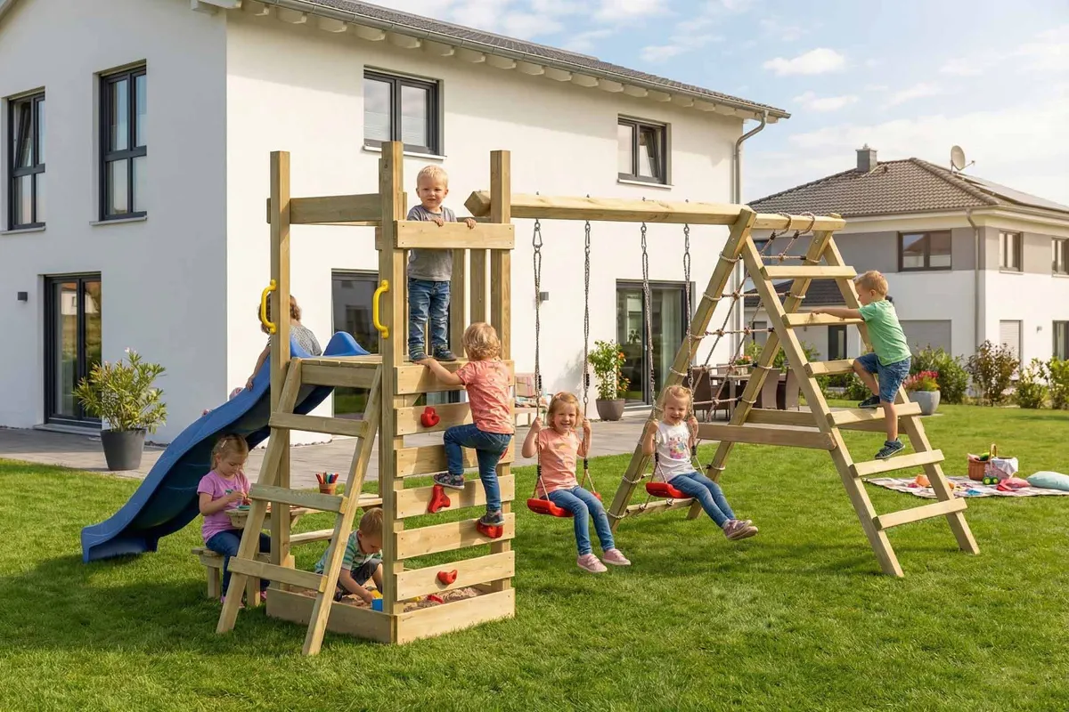 Spielturm Lilly Max mit Doppelschaukel Kletterwand und Kletternetz