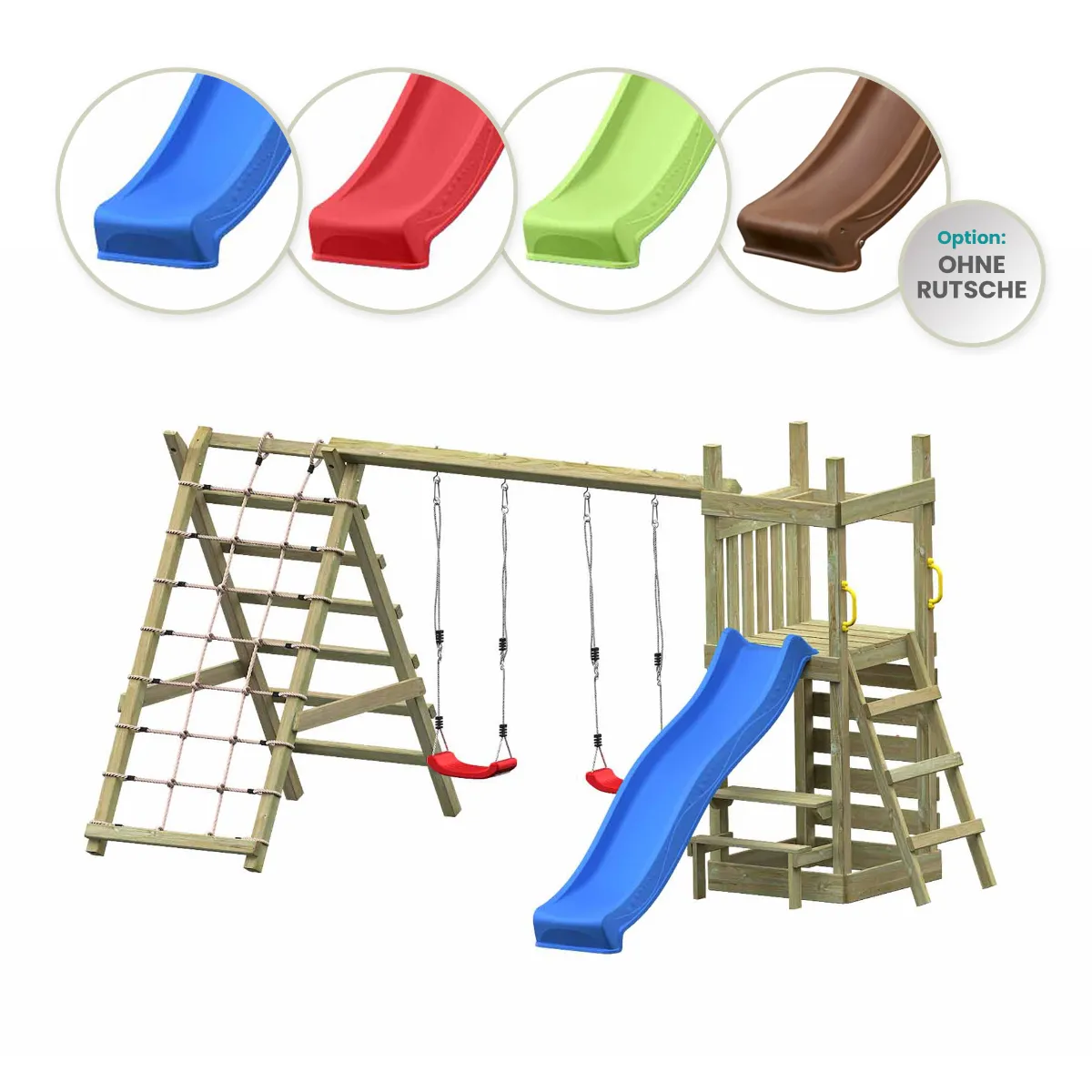 Spielturm Lilly Max mit Doppelschaukel Kletterwand und Kletternetz