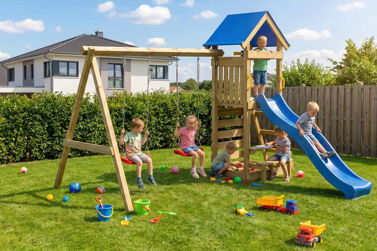 Spielturm Julia Abenteuer mit Doppelschaukel Kletterwand und roter Rutsche