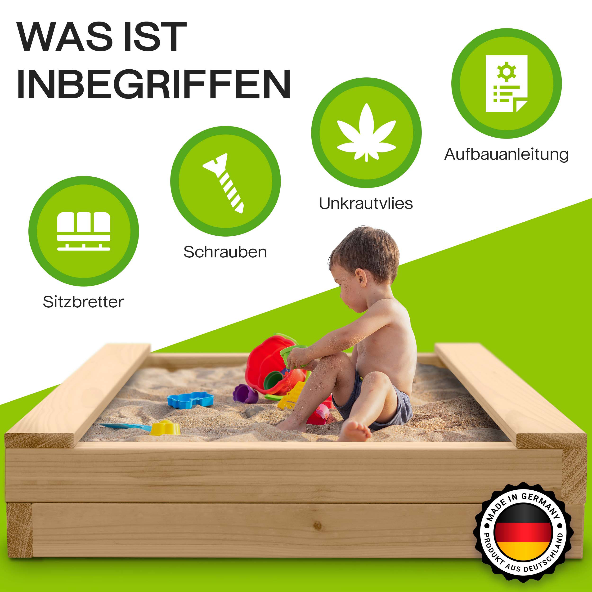 Sandkasten BULLE Lärche natur 45 mm inkl. Sitzbretter und Bodenplane Sandbox