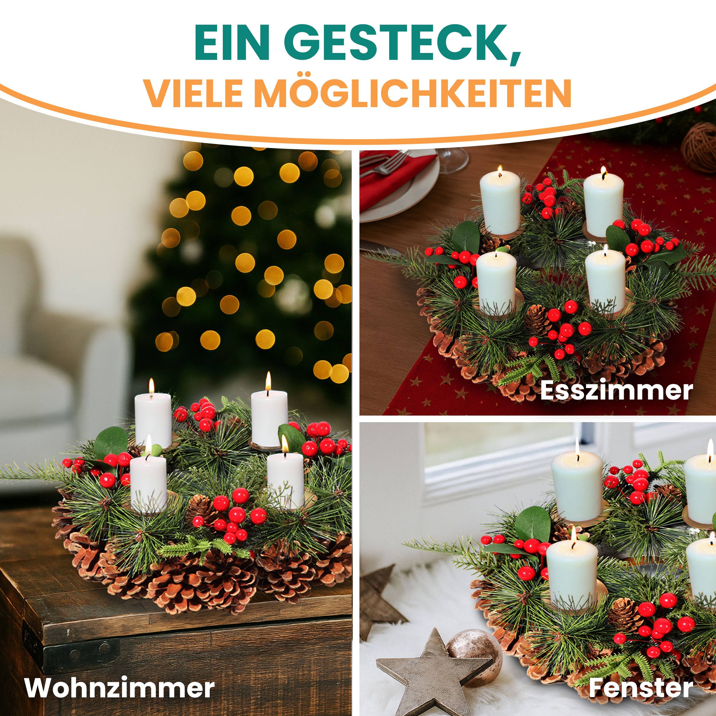 Künstlicher Adventskranz Weihnachtsdeko mit echten Zapfen und roten Beeren geschmückt