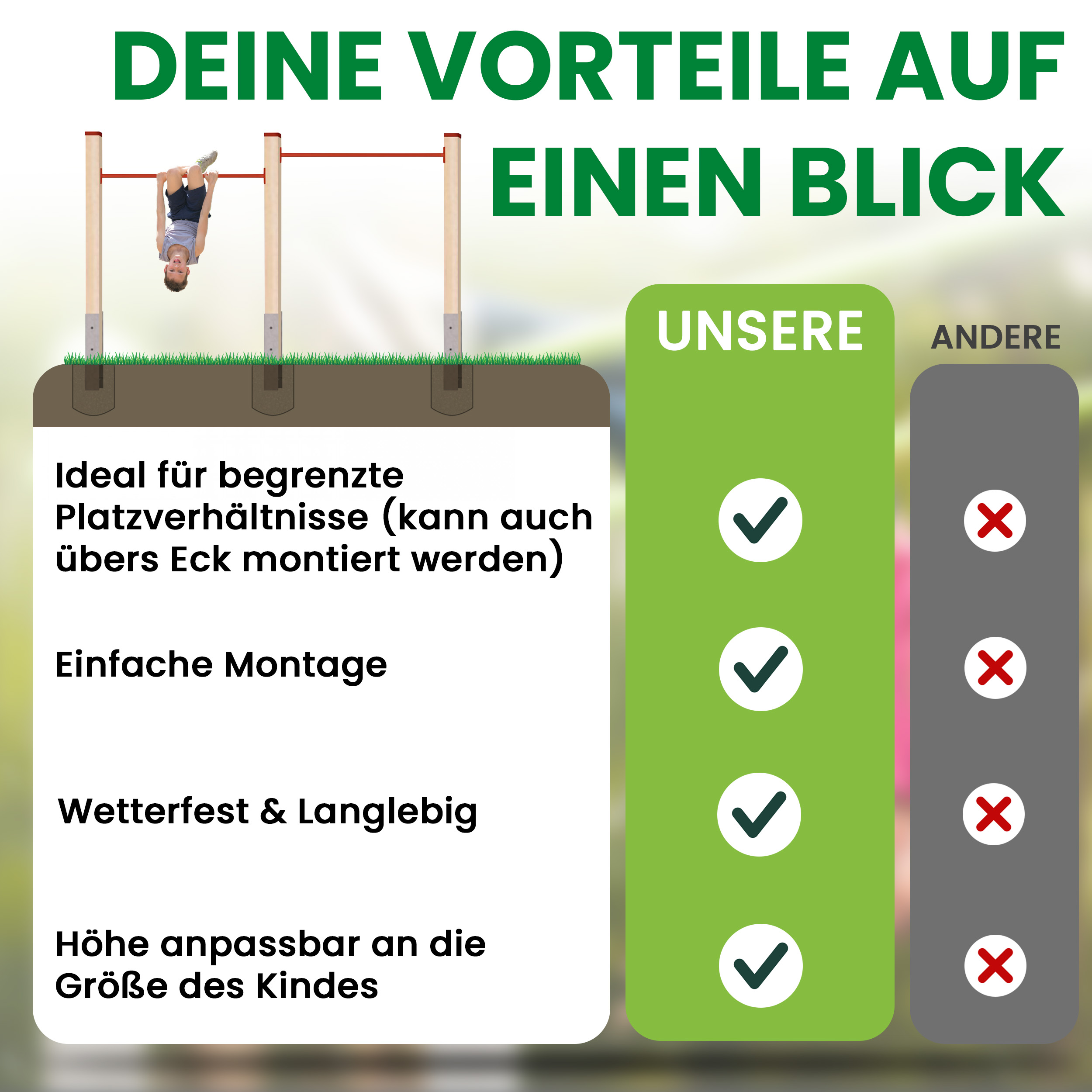 Turnreck aus Kantholz Kiefer imprägniert mit Reckstange rot und  H-Anker