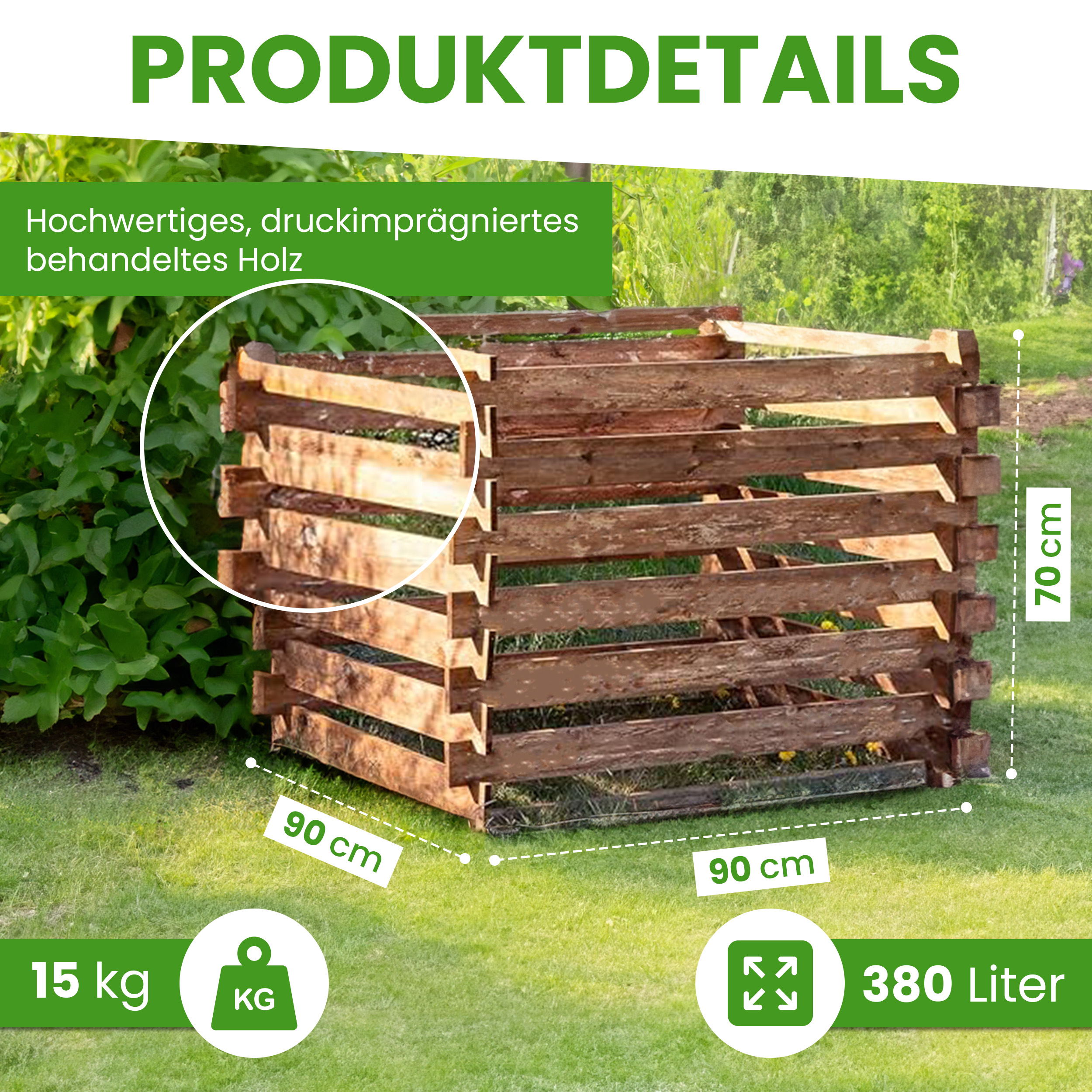 6aM645YyQL0d9o Komposter 90x90x70 cm für den Garten aus Holz mit Stecksystem Kompostsilo