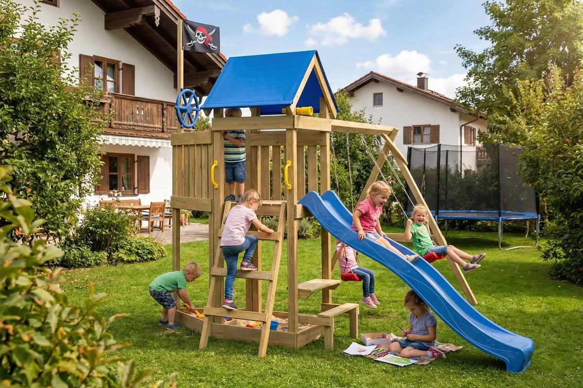 Spielturm Peter Abenteuer mit Doppelschaukel Tisch und Leiter