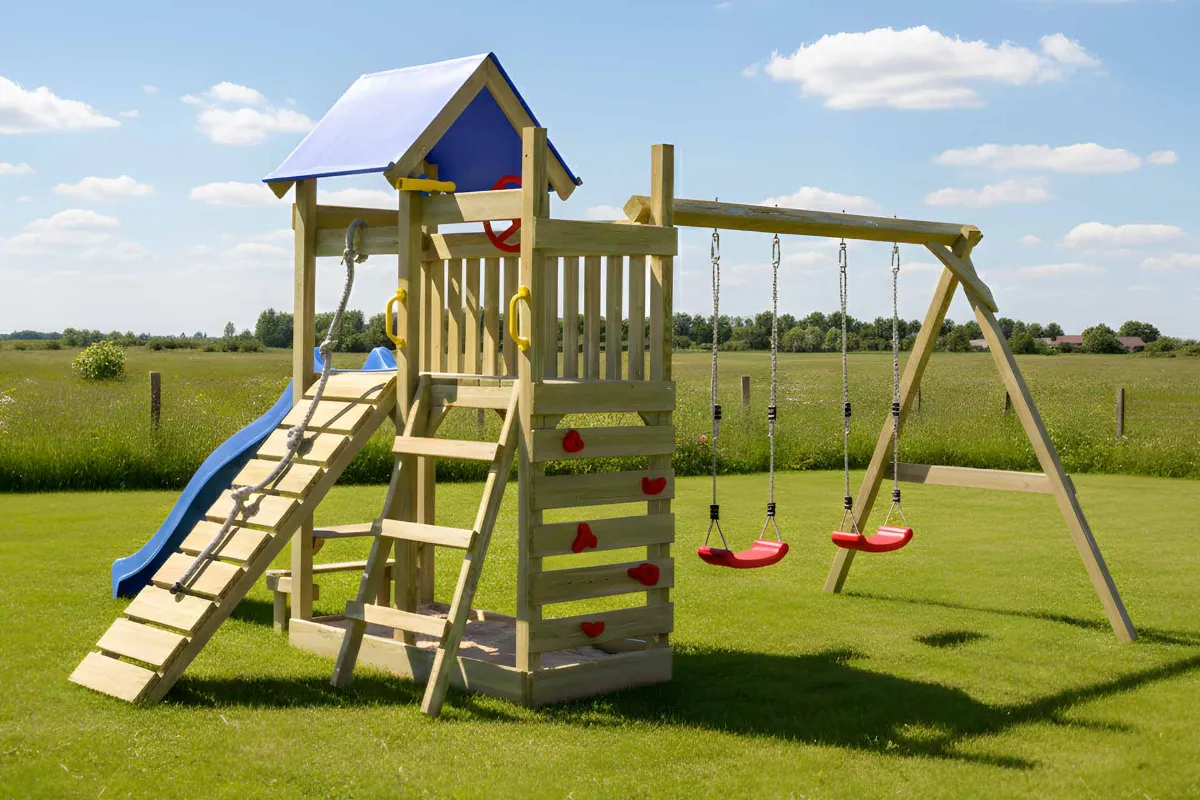 Spielturm Susi Abenteuer mit roter Rutsche Kletterrampe Kletterwand und Doppelschaukel