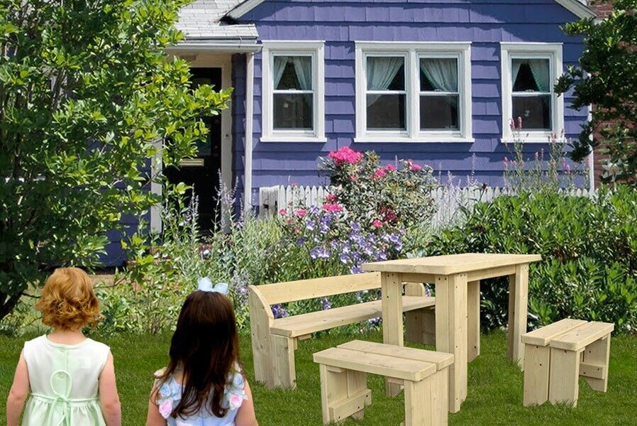 11kF7VnSR148Oe0 Sitzgruppe aus Holz für Kinder mit Tisch und Bank für den Garten Spielhaus