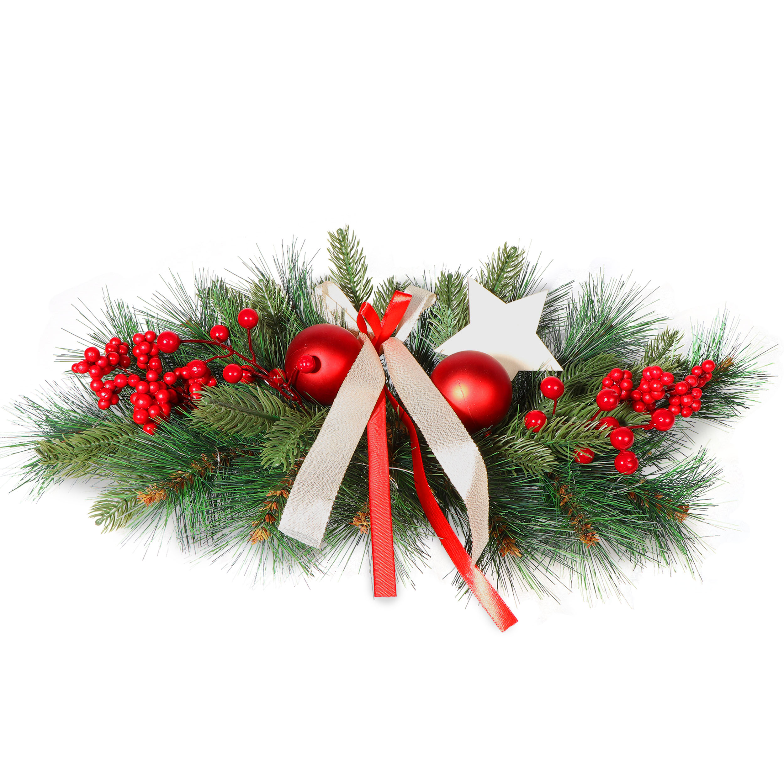 Adventsgesteck mit LED und roten Dekorationen 30x 57 cm 