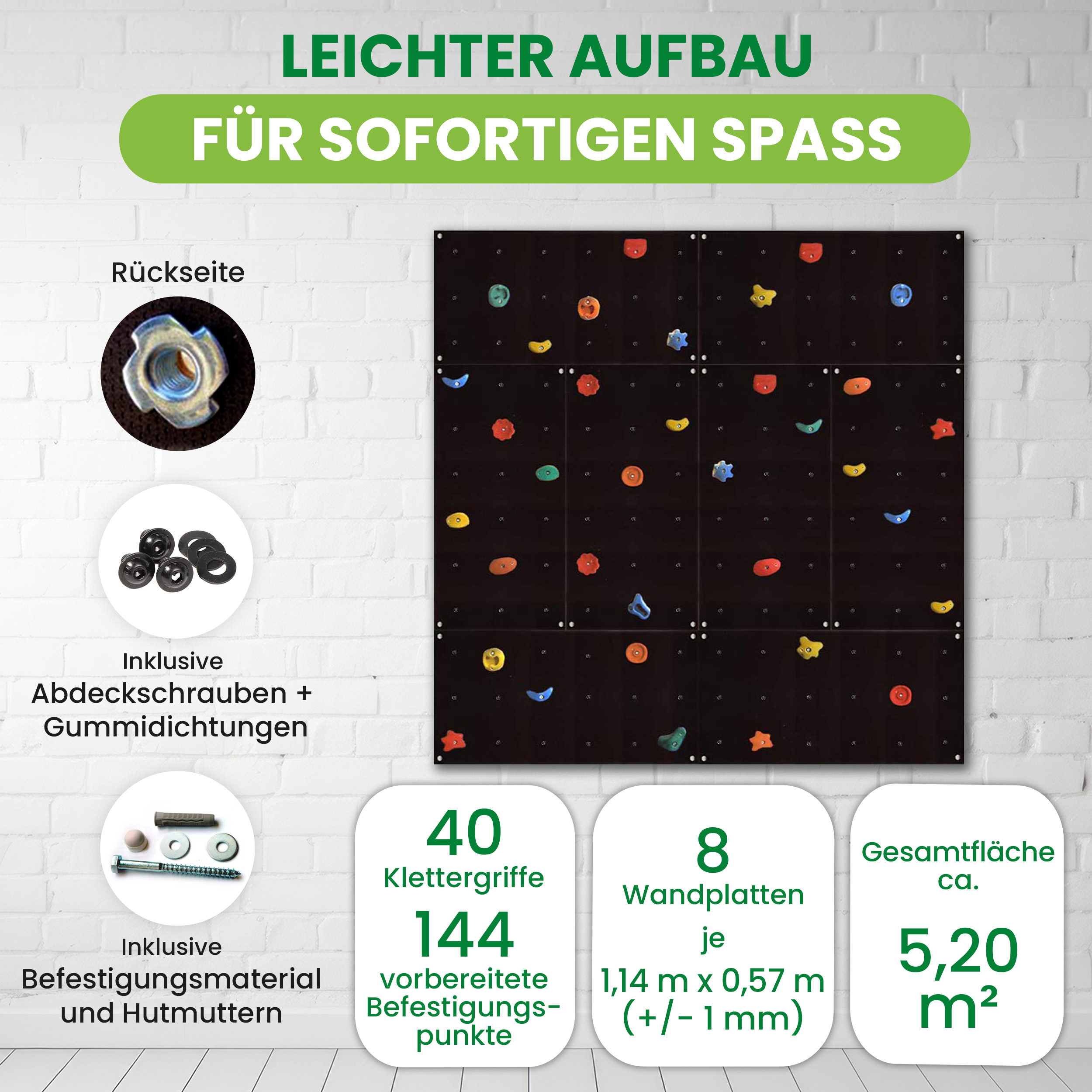 Kletterwand Outdoor mit bunten Klettersteinen und Montagematerial für Kinder und Erwachsene