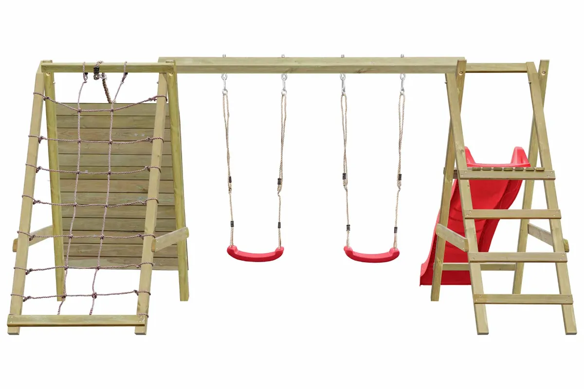 Doppelschaukel Sarah mit Kletternetz Kletterwand und roter Rutsche