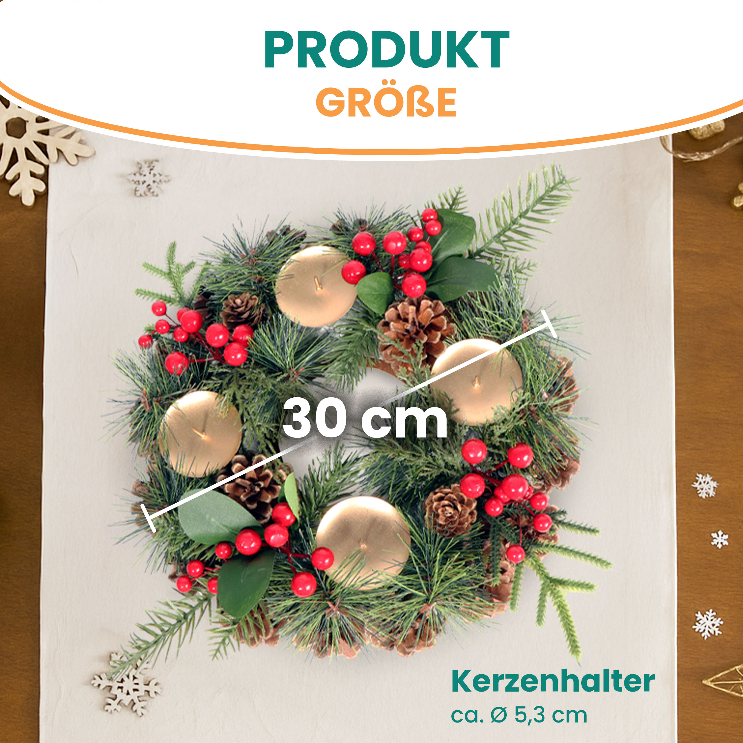 Künstlicher Adventskranz Weihnachtsdeko mit echten Zapfen und roten Beeren geschmückt