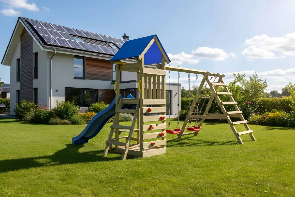 Spielturm Julia Max mit Doppelschaukel Kletterwand Kletternetz und roter Rutsche