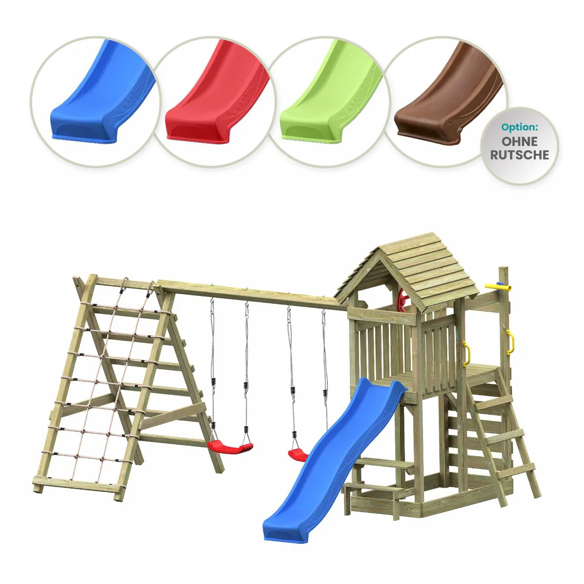 Spielturm Andrea Max mit Doppelschaukel Kletterwand und Kletternetz