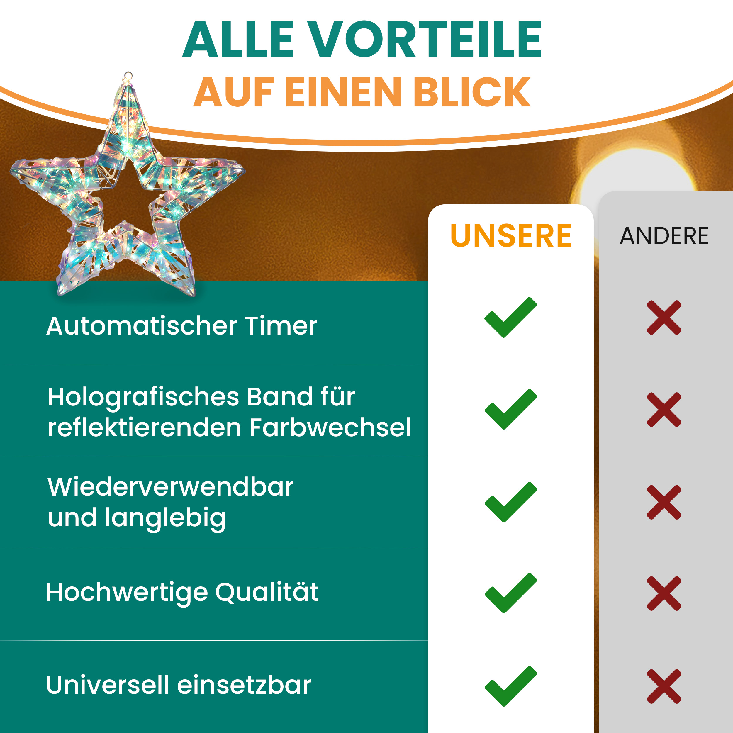 Weihnachtsstern 40x40 cm in Regenbogenfarben 180 LED warmweiß mit Timer außen