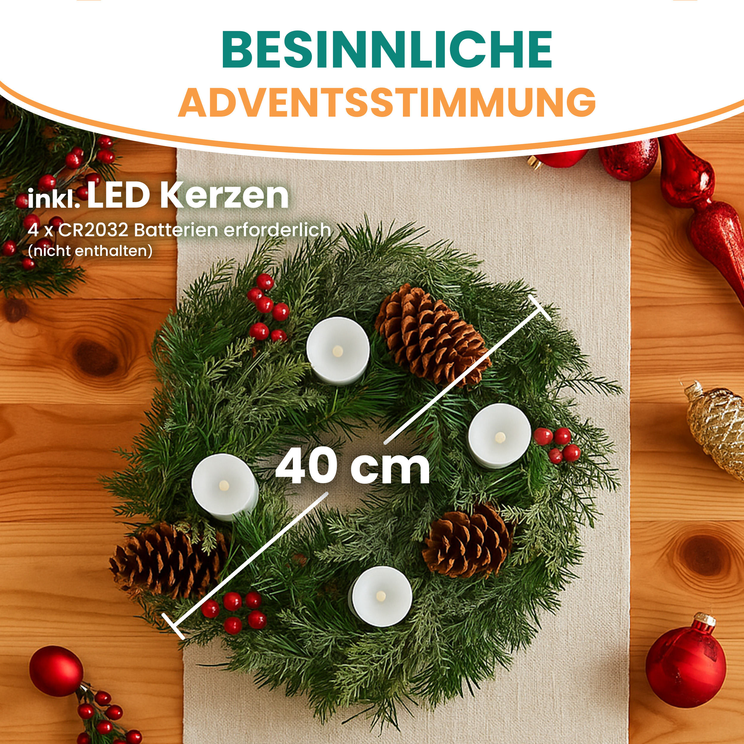 Künstlicher Adventskranz Weihnachtsdeko mit echten Zapfen und roten Beeren geschmückt