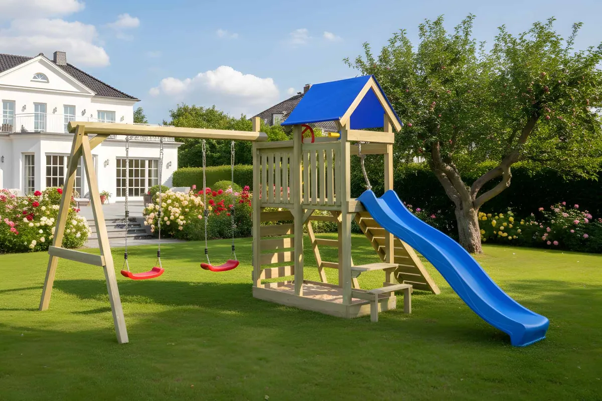 Spielturm Susi Abenteuer mit roter Rutsche Kletterrampe Kletterwand und Doppelschaukel