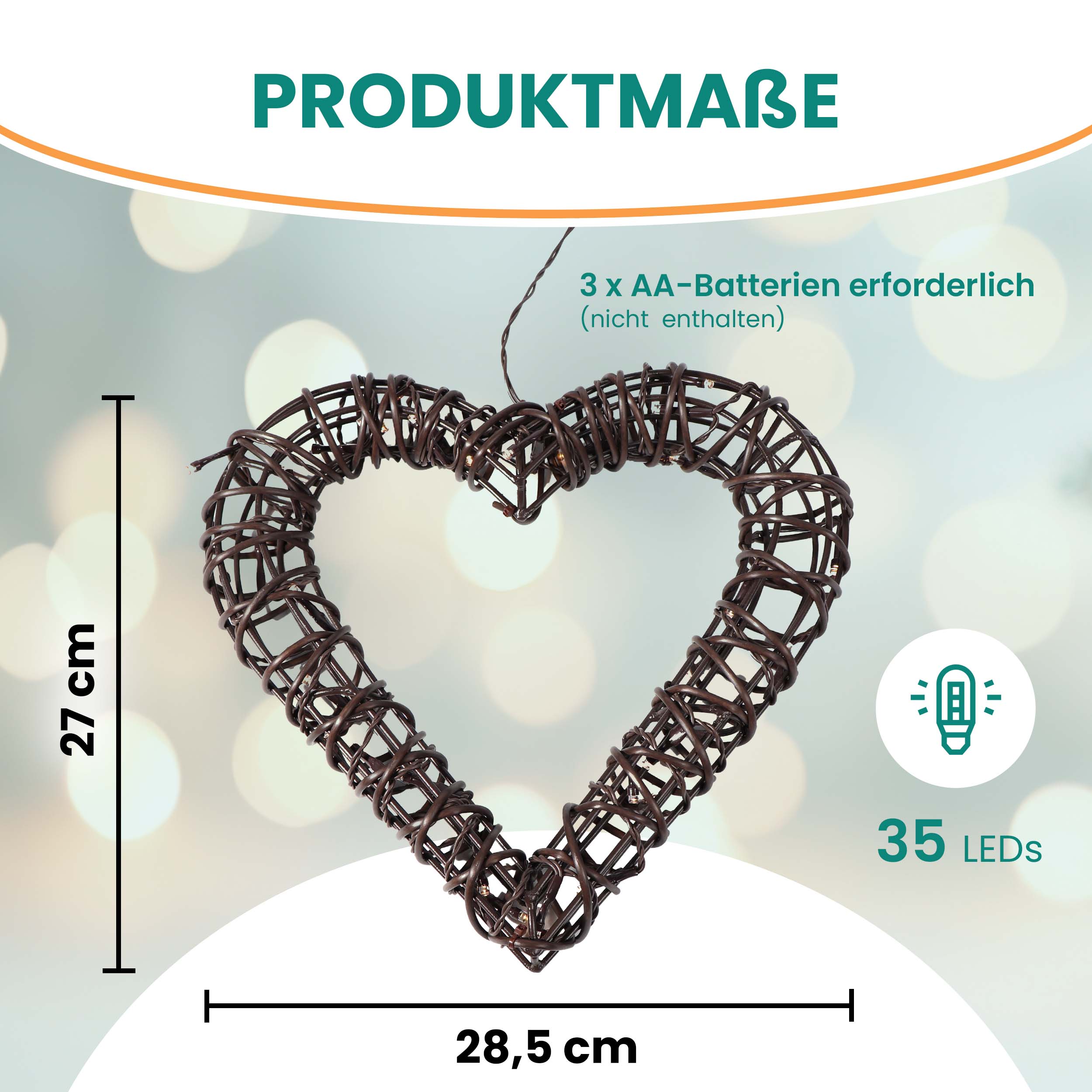 LED Herz Rattan-Optik warmweiß batteriebetrieben mit Timer