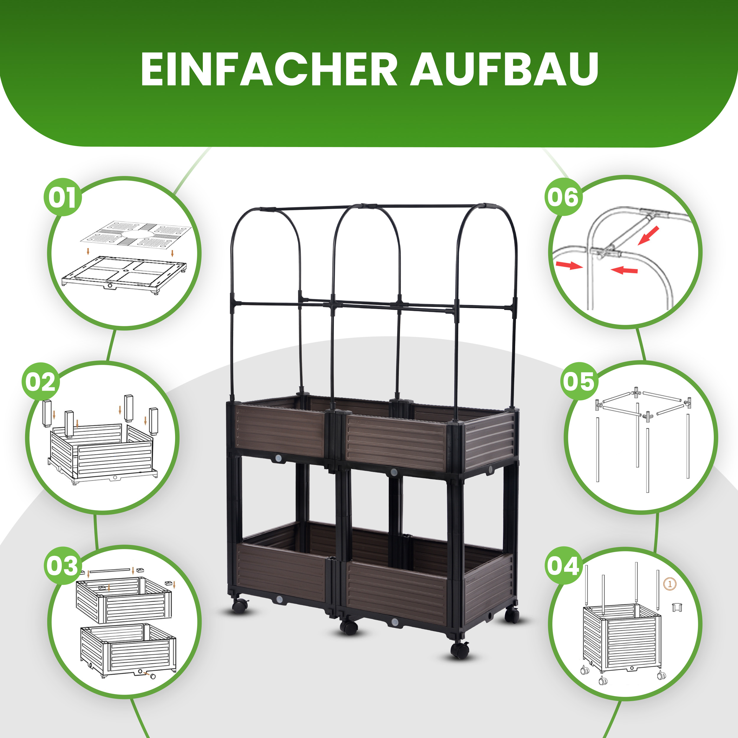 Hochbeet mit Frühbeet 2 Ebenen 82x41xH135 cm Foliengewächshaus auf Rädern