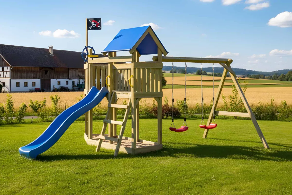 Spielturm Georg Abenteuer mit Doppelschaukel und Kletterwand