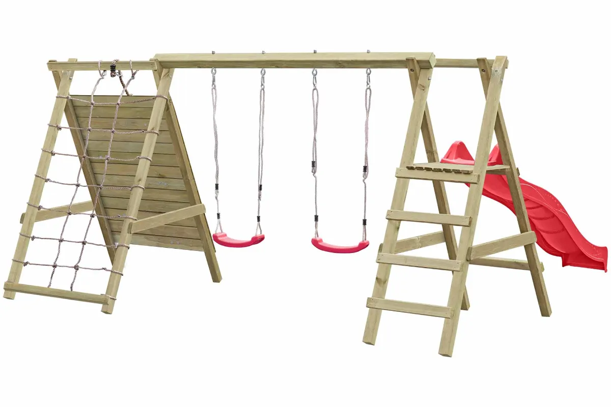 Doppelschaukel Sarah mit Kletternetz Kletterwand und roter Rutsche