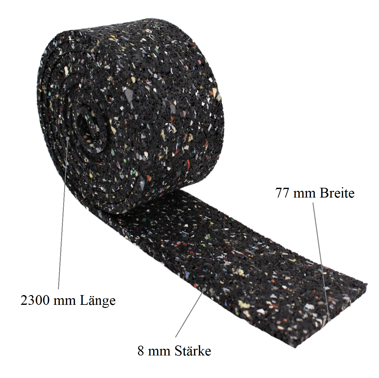 Loftis_8x77_Abmessungen Padrolle Terracon Loftis 8x77x2300mm Pad Gummigranulat Isopad Terrassenpad